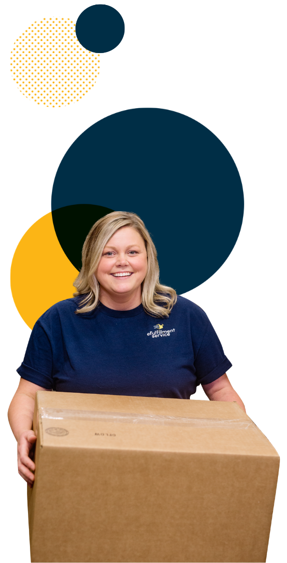 Lite PrepCenter Female Blonde Employee Smiling with Box and 4 Dots