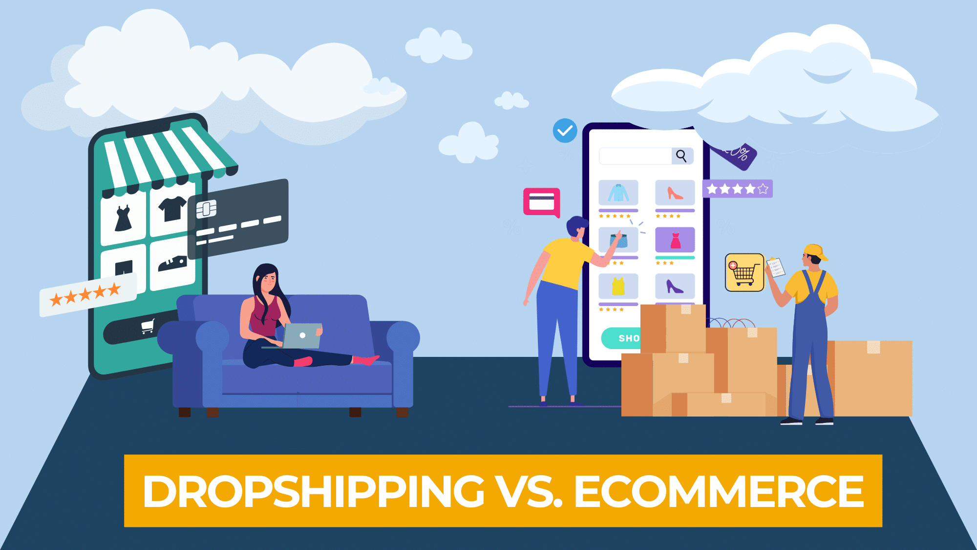 illustrated graphic of dropshipping vs ecommerce