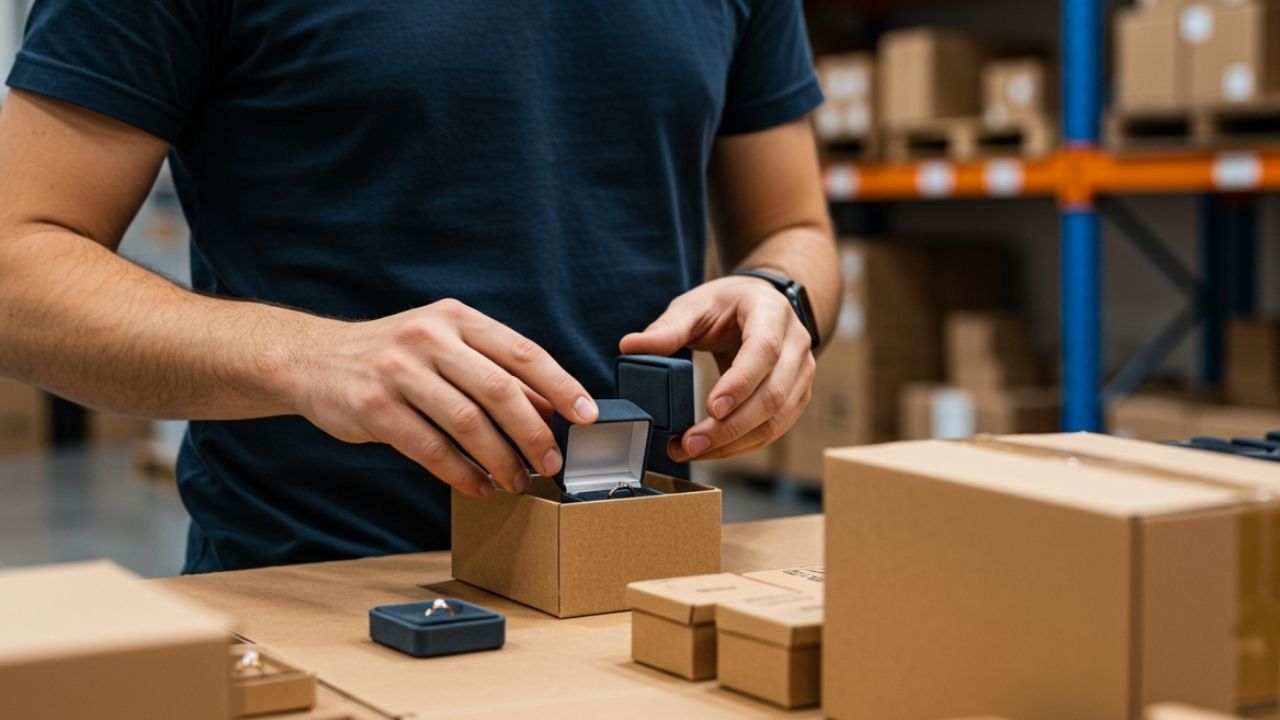warehouse worker ring box warehouse worker in blue tee shirt packing supplement into box