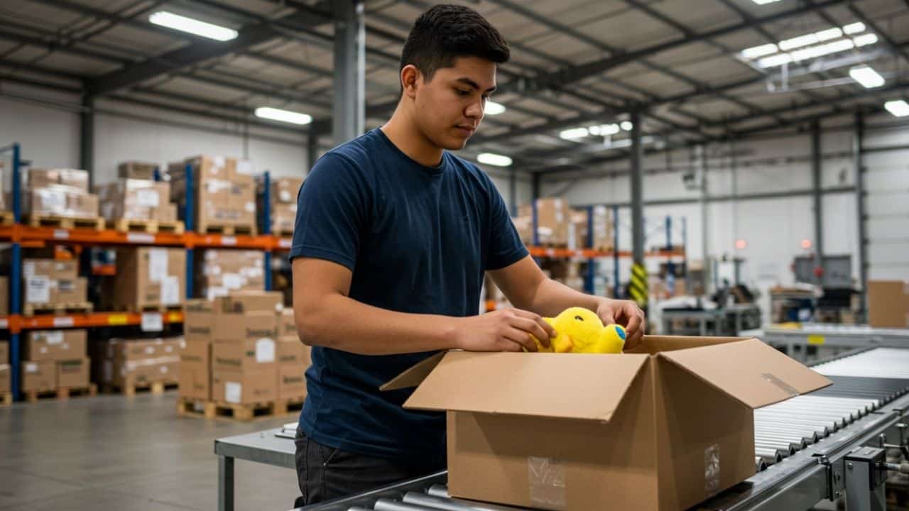 warehouse worker in blue tee shirt packing supplement into box